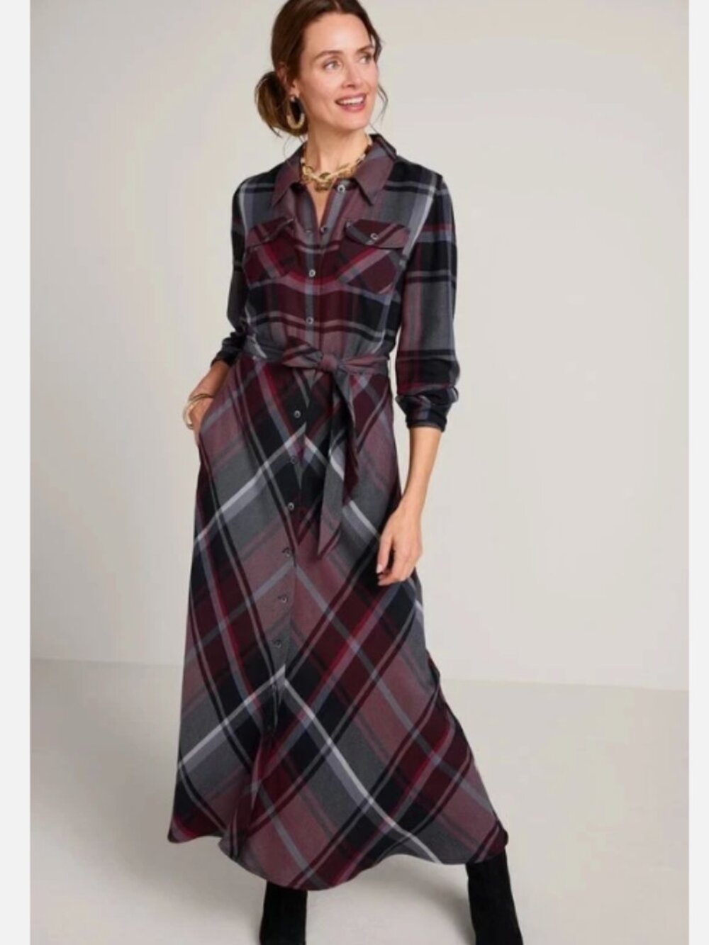 SOFT SURROUNDINGS Terrific Tartan Plaid Maxi Dress Flannel Sz S Wool Blend